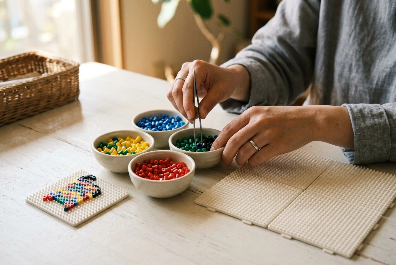 Beads sorted in bowls beside small and large pegboards