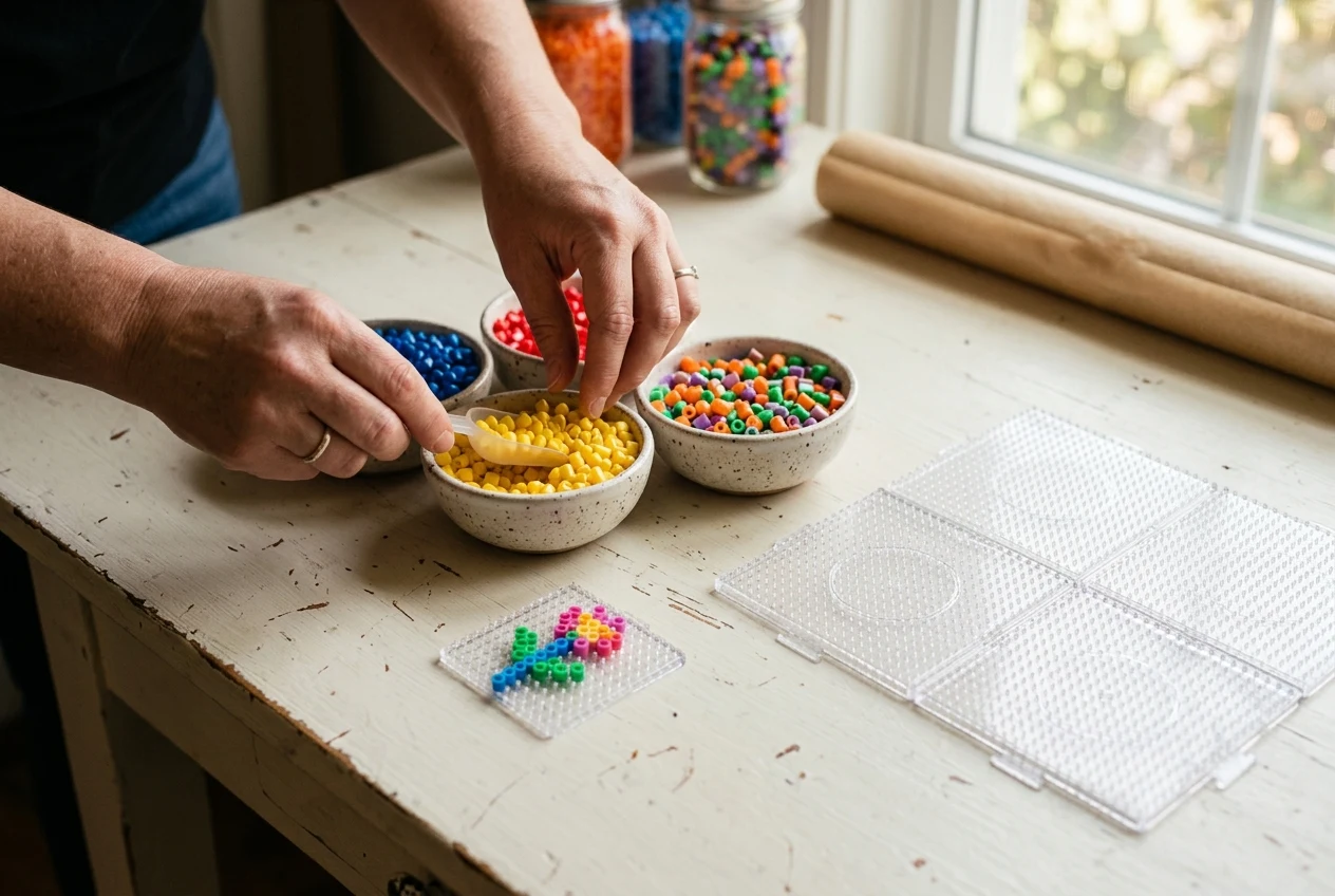 Beads sorted in bowls beside small and large pegboards