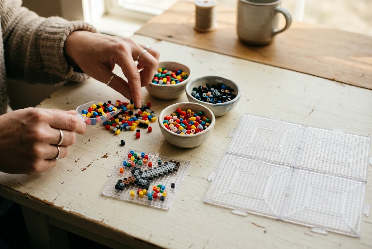 Beads sorted in bowls beside small and large pegboards