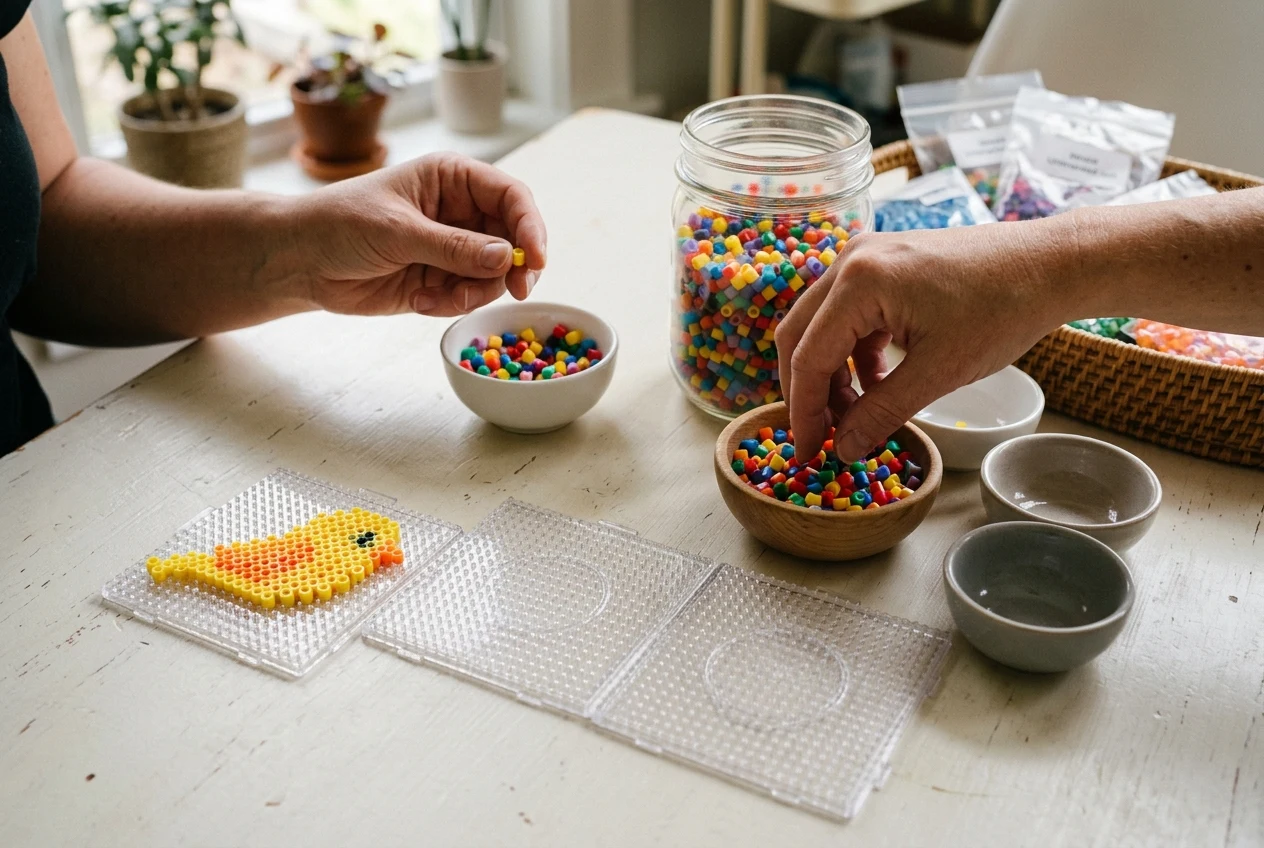Beads sorted in bowls beside small and large pegboards