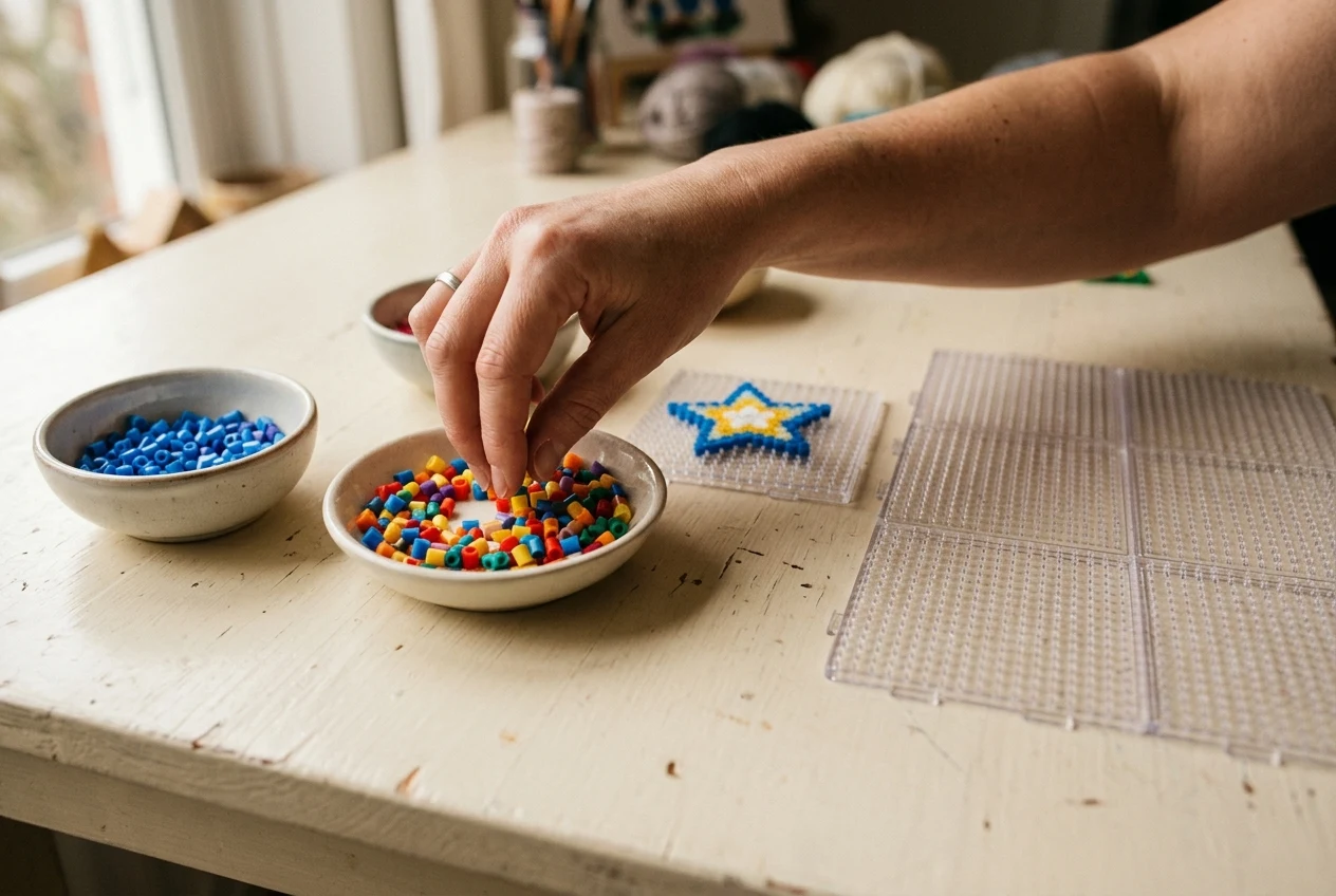 Beads sorted in bowls beside small and large pegboards