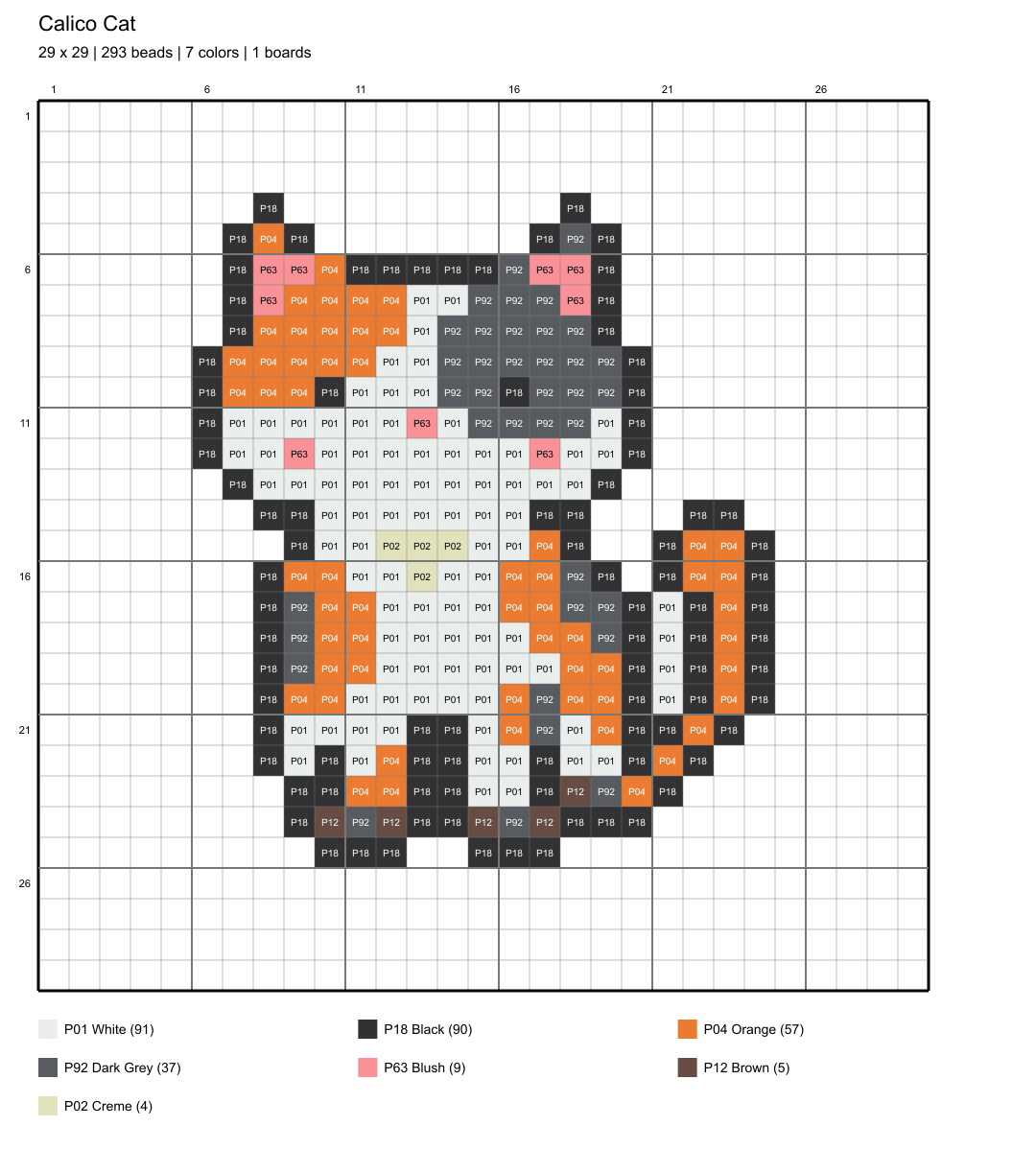 calico cat 29x29 color-coded placement chart