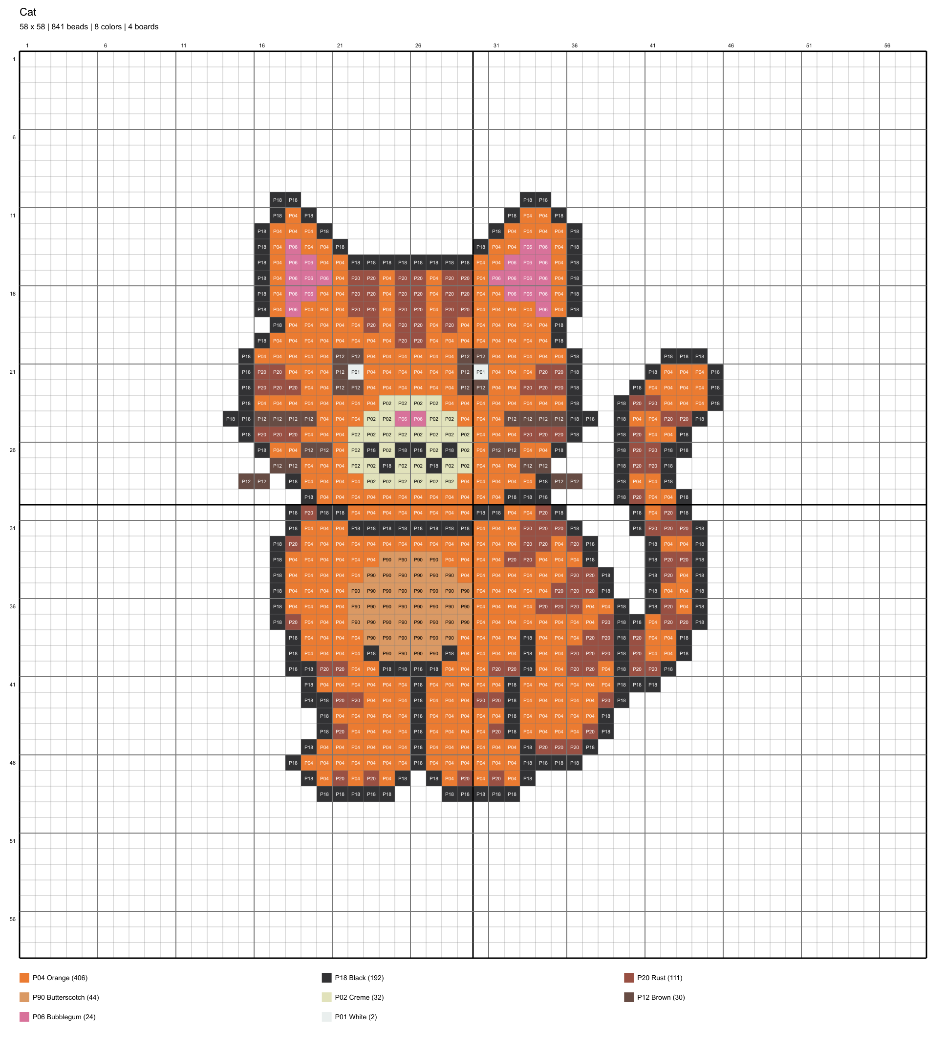cat 58x58 color-coded placement chart