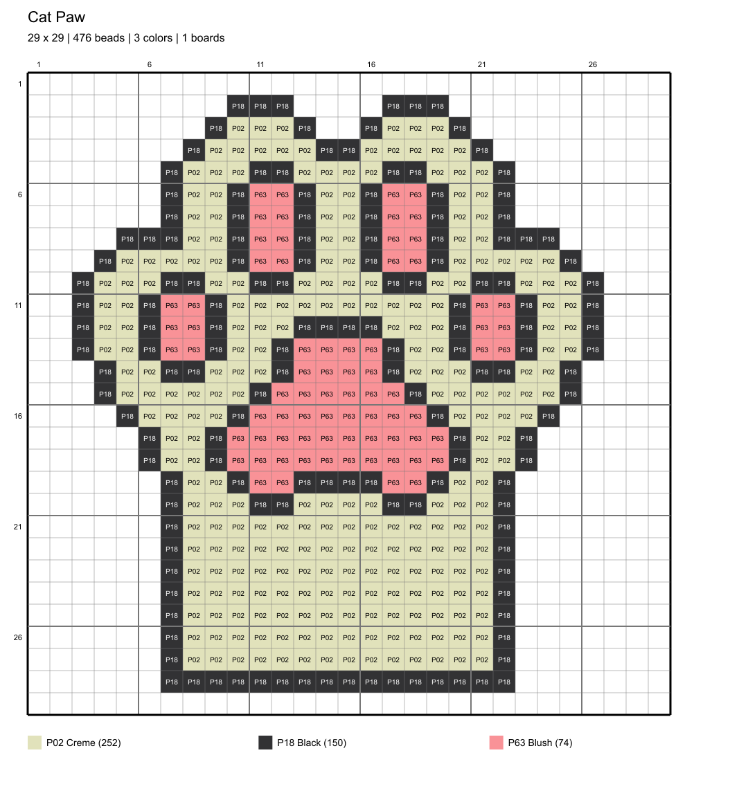 cat paw 29x29 color-coded placement chart