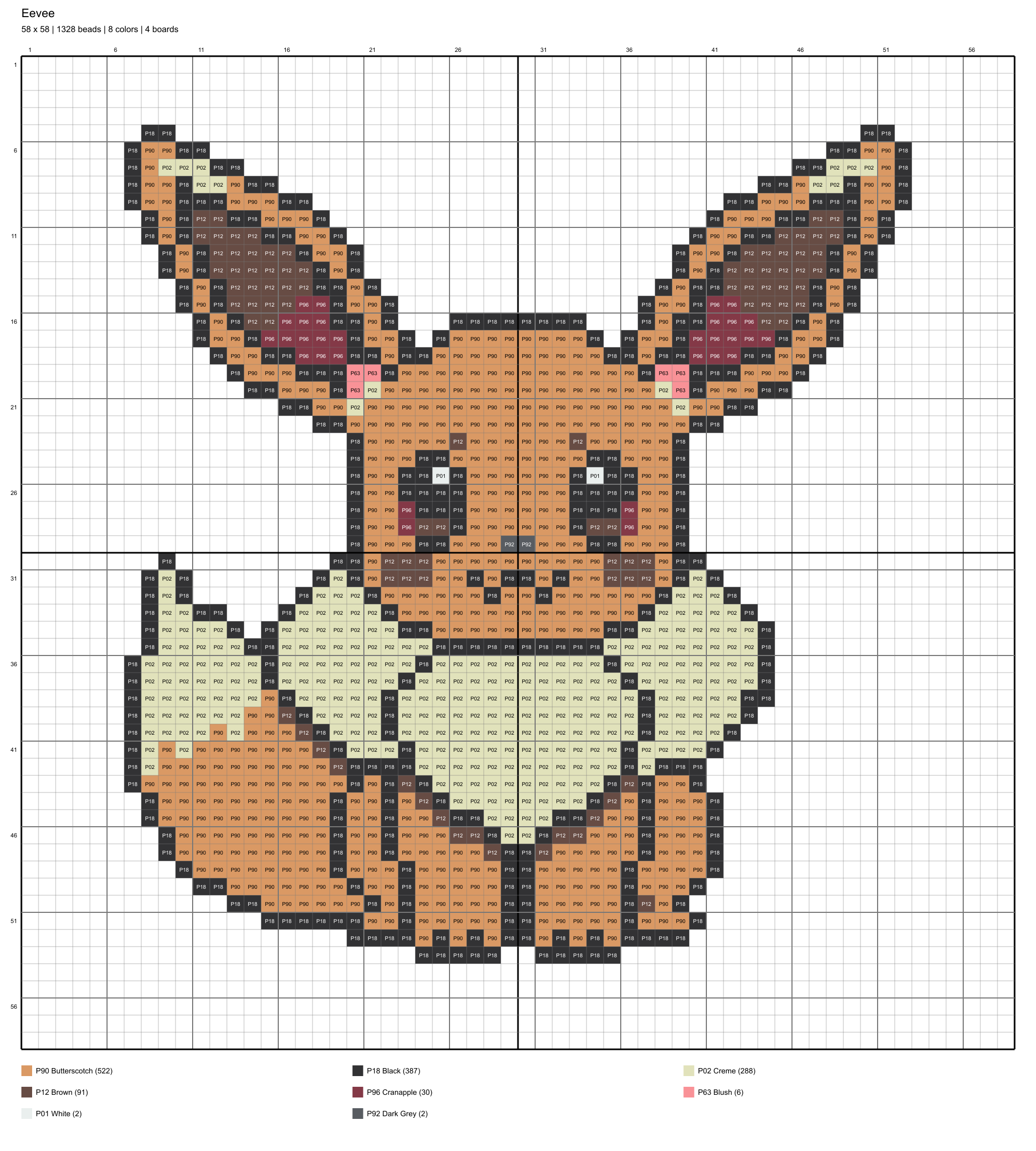 eevee 58x58 color-coded placement chart