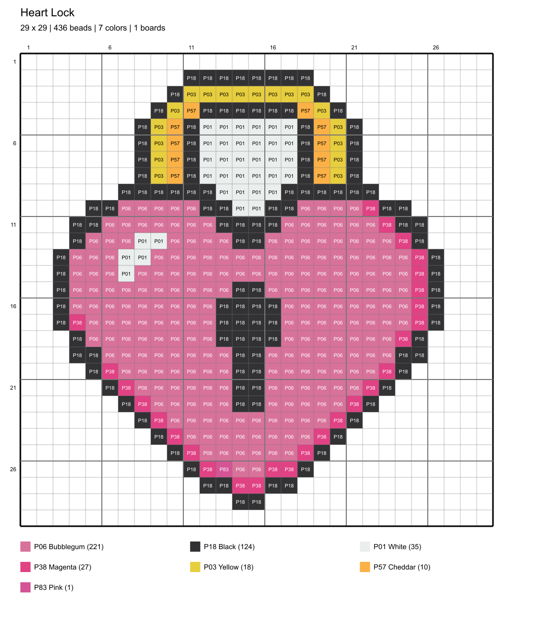 heart lock 29x29 color-coded placement chart