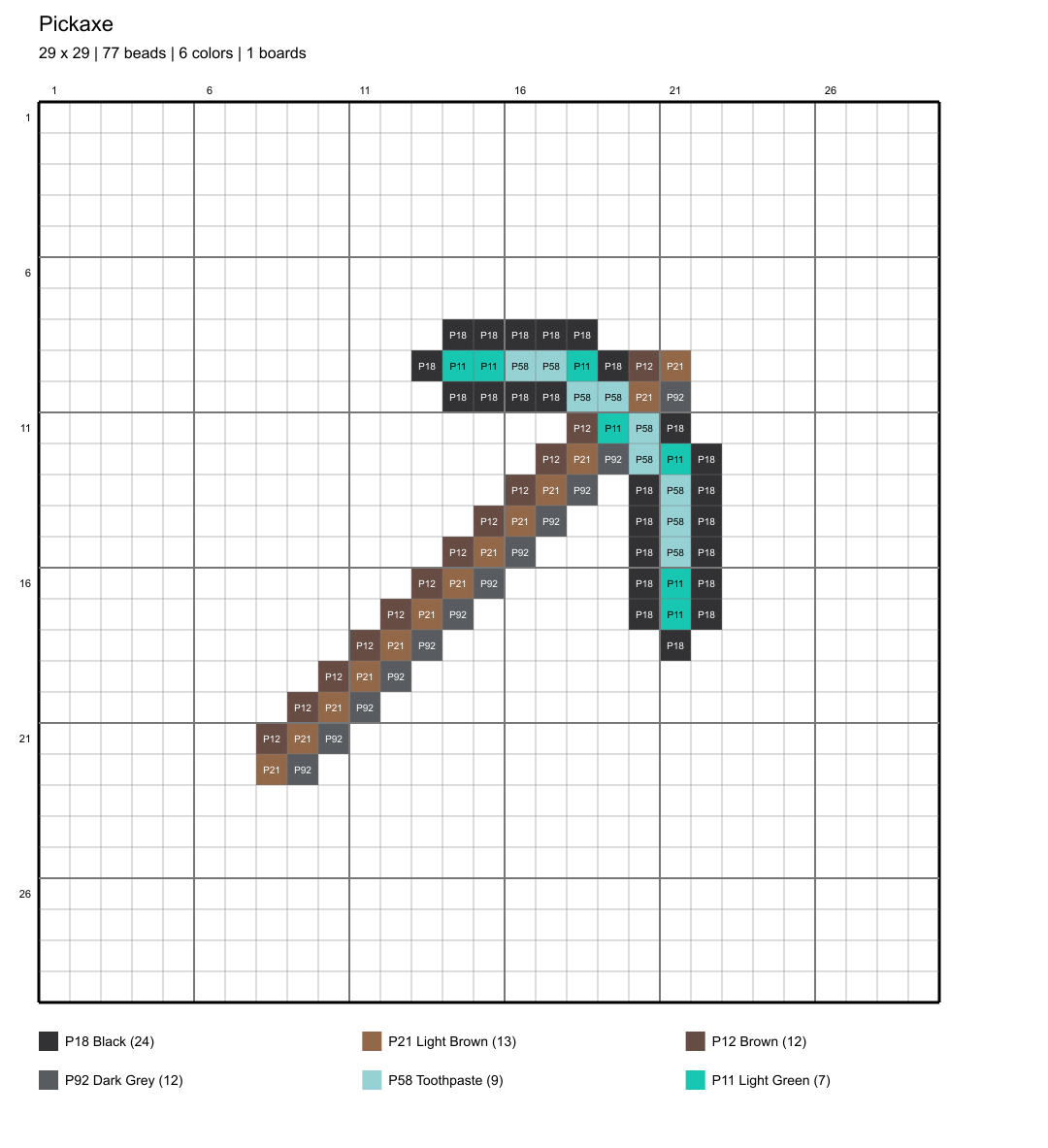 pickaxe 29x29 color-coded placement chart