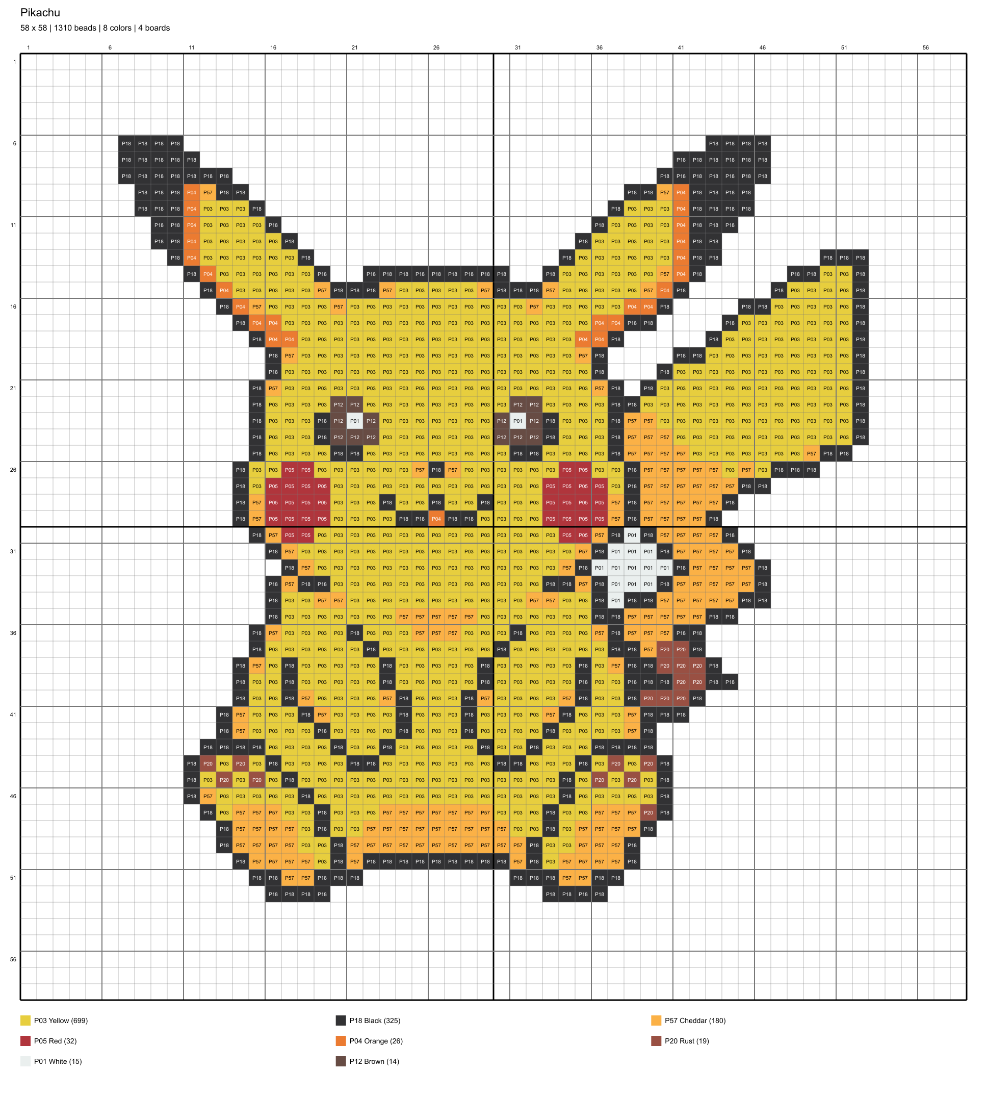 pikachu 58x58 color-coded placement chart