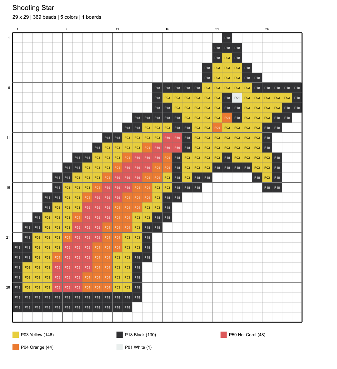shooting star 29x29 color-coded placement chart