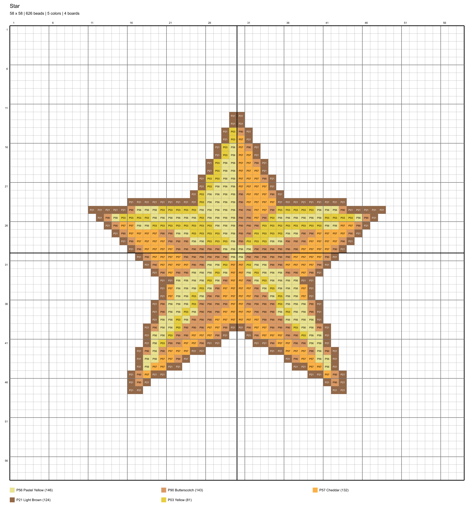 star 58x58 color-coded placement chart