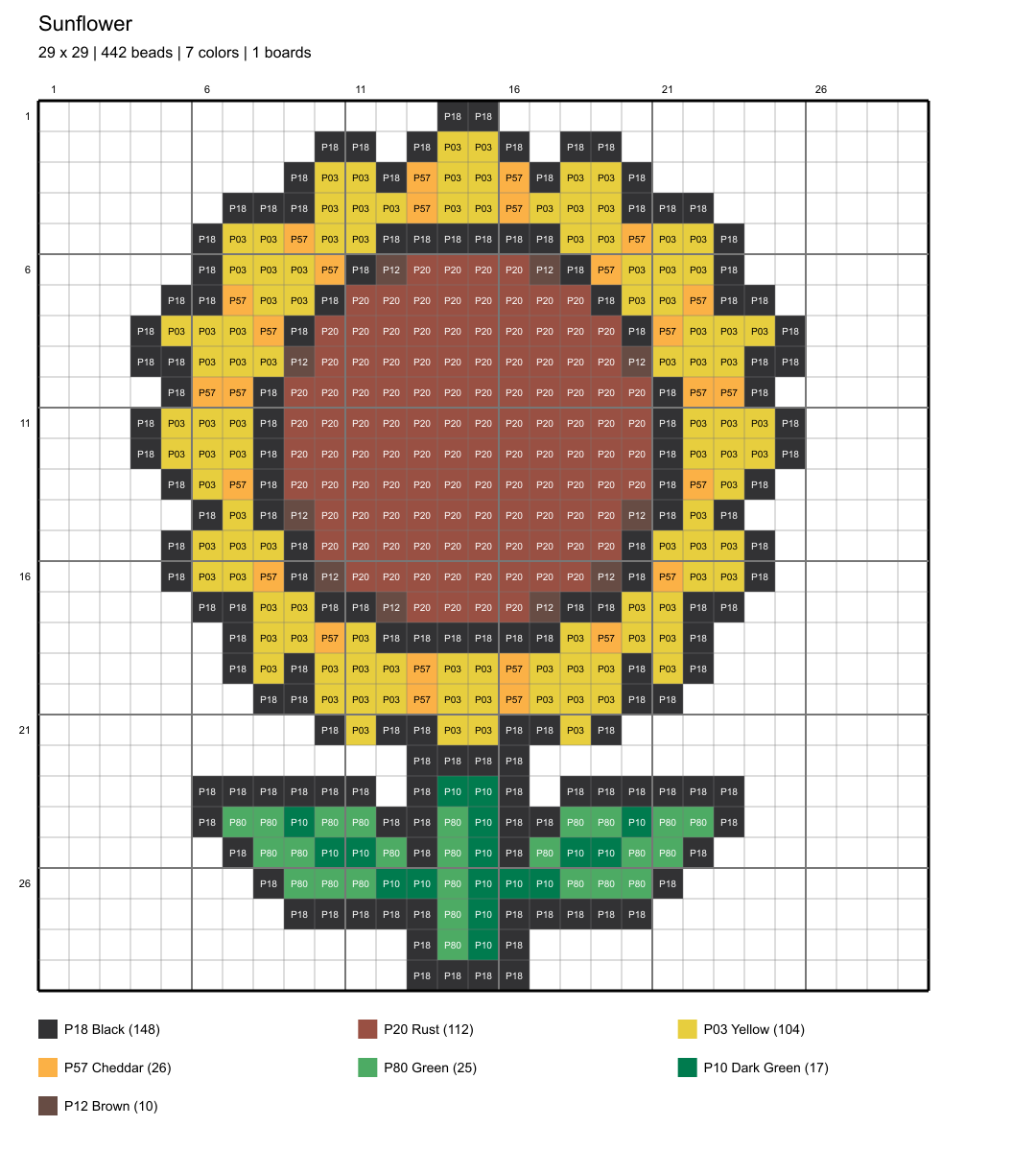 sunflower 29x29 color-coded placement chart