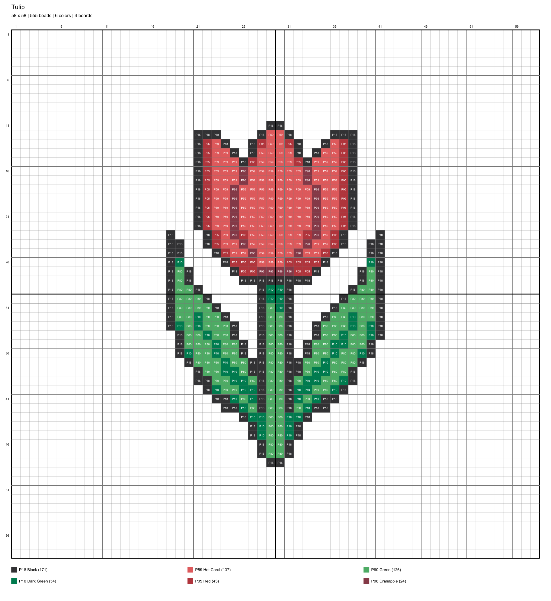 tulip 58x58 color-coded placement chart