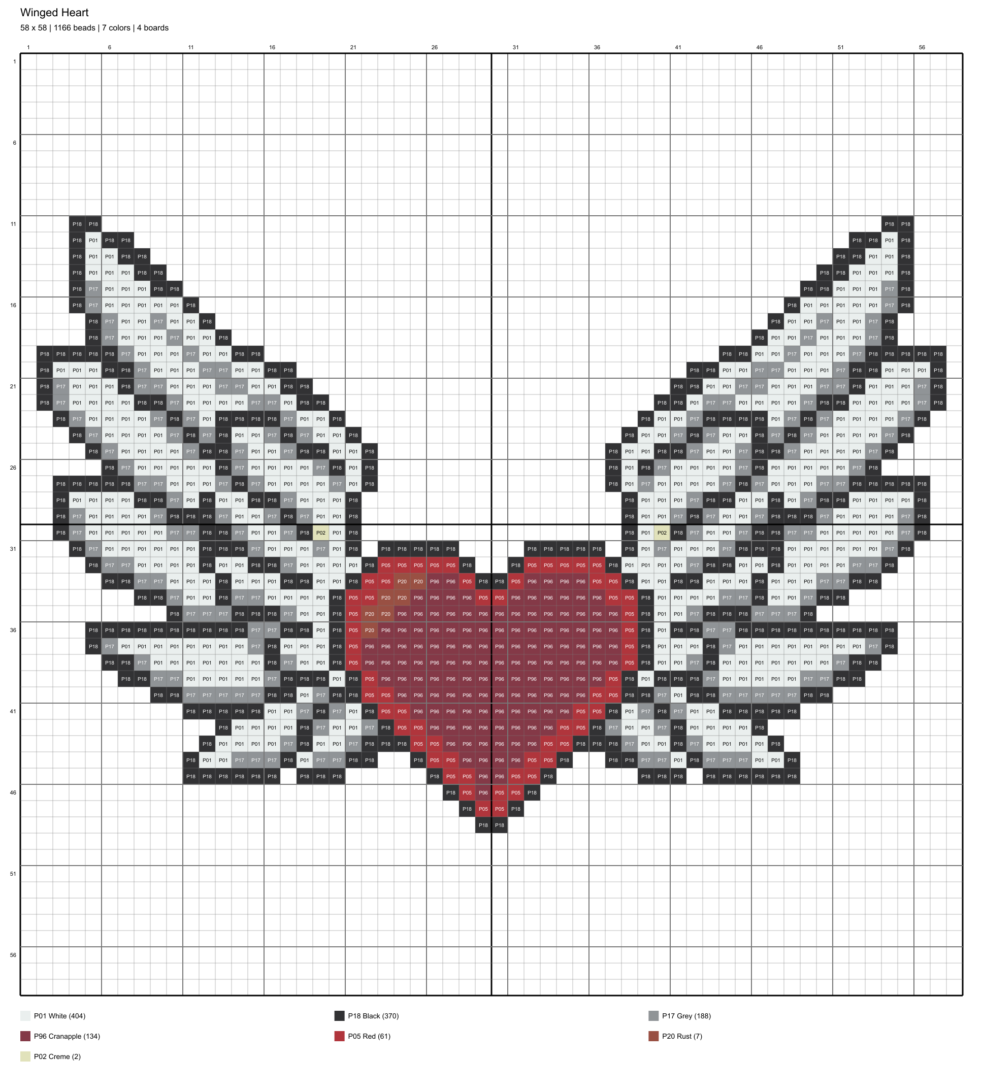 winged heart 58x58 color-coded placement chart
