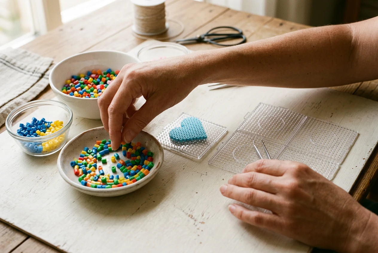 Beads sorted in bowls beside small and large pegboards